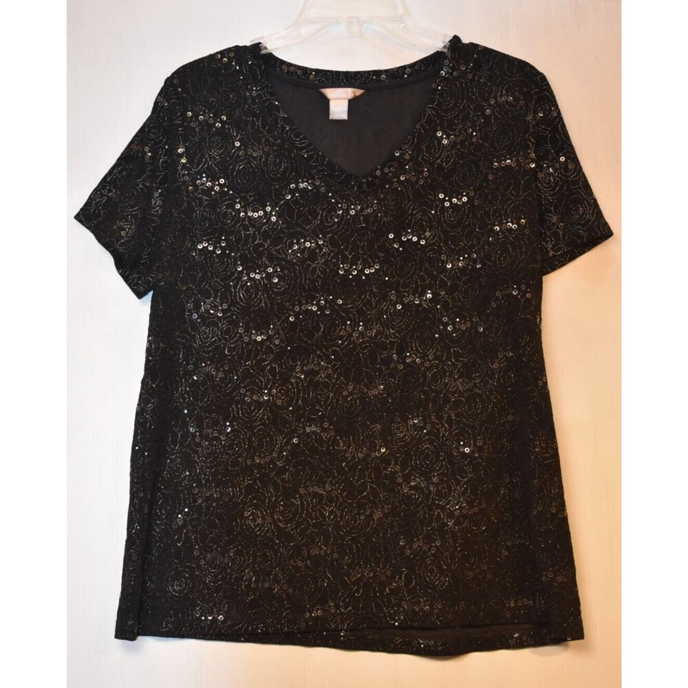 White Stag Woman's Black Sequins Stretchy Short Sleeve Pullover Top Size Large